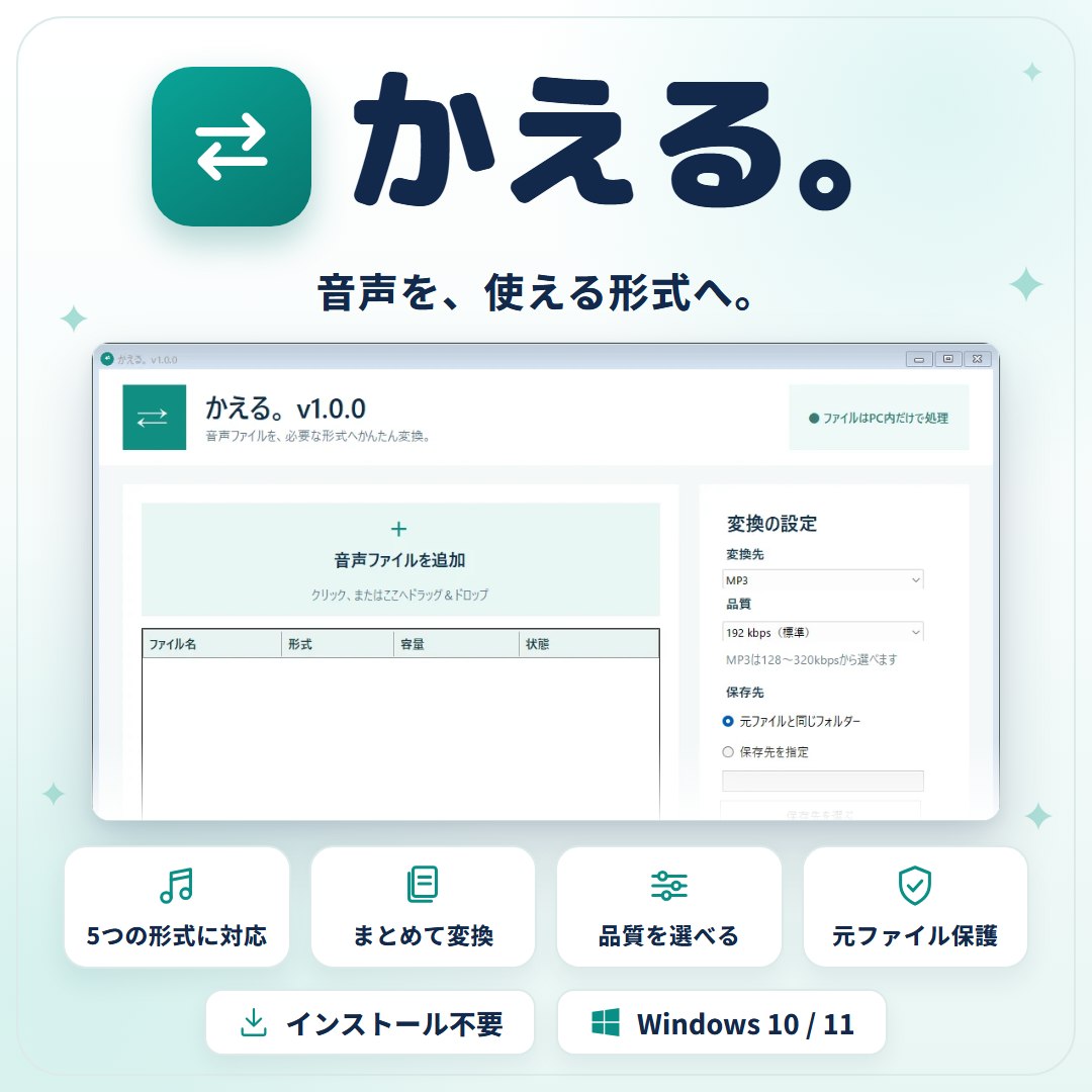 かえる。WAV・MP3・M4A・AAC・FLAC音声一括変換ツール