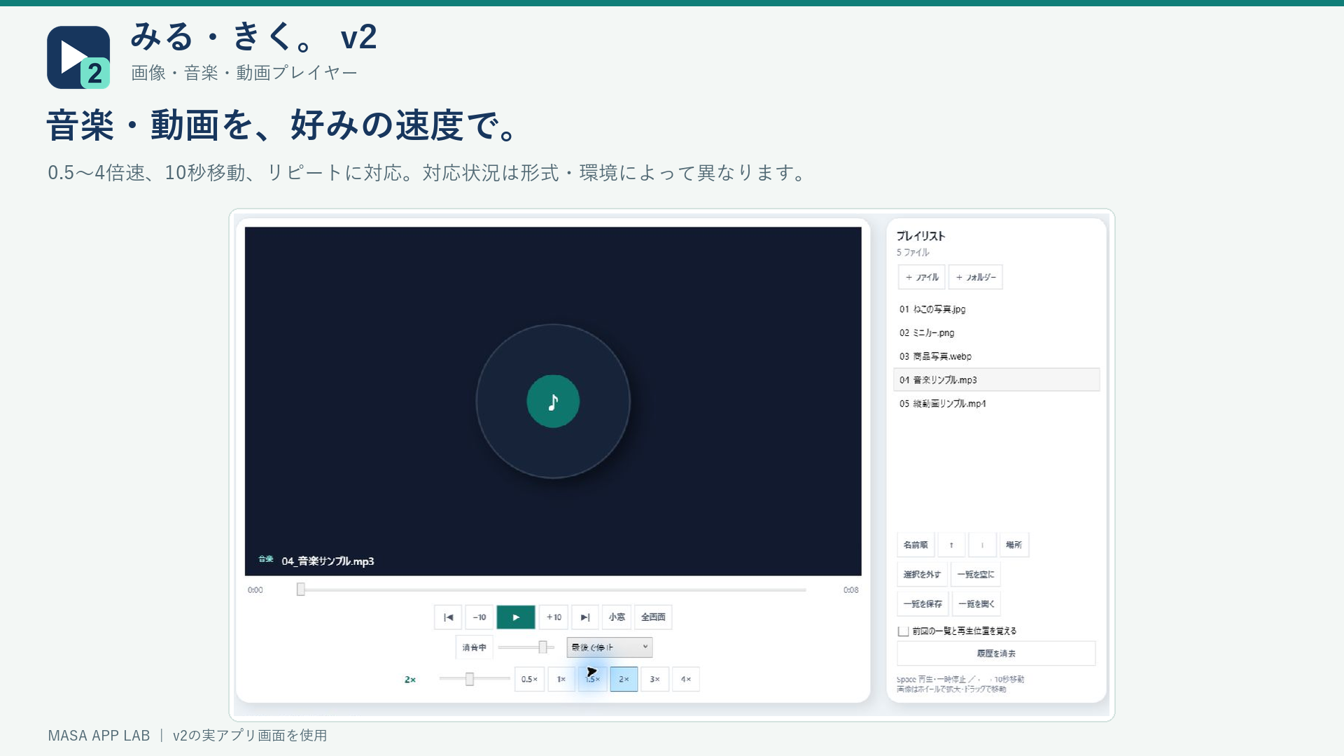 音楽・動画の速度、音量、再生位置を調整するみるきくv2