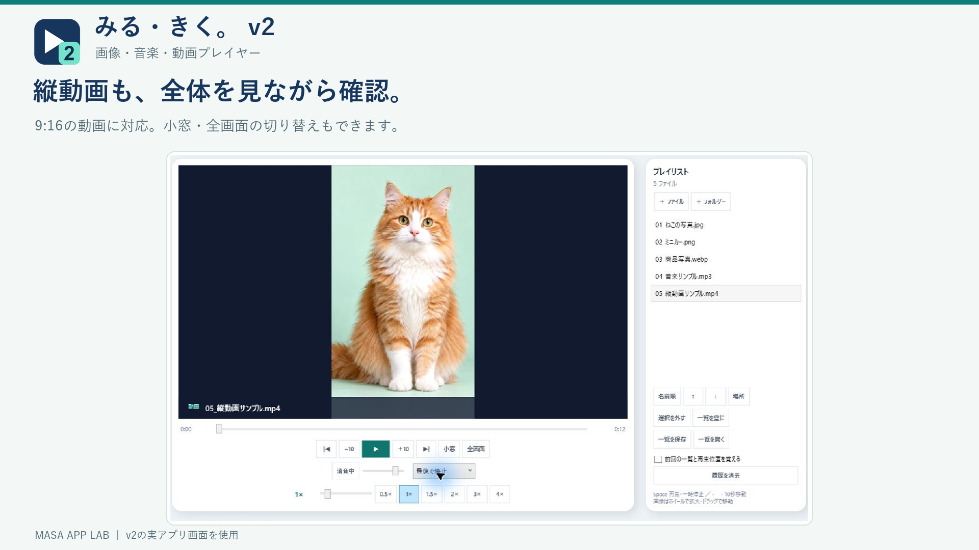 9対16の縦動画を縦横比を保って表示している画面
