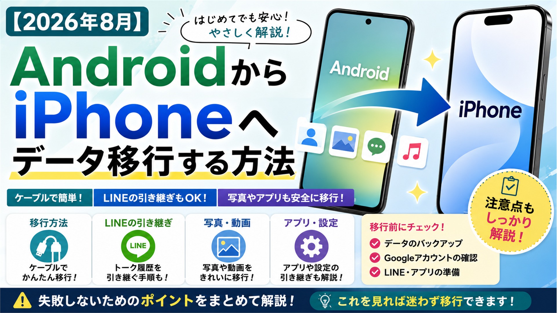 【2026年8月版】AndroidからiPhoneへデータ移行する方法|ケーブル・LINE・写真の注意点