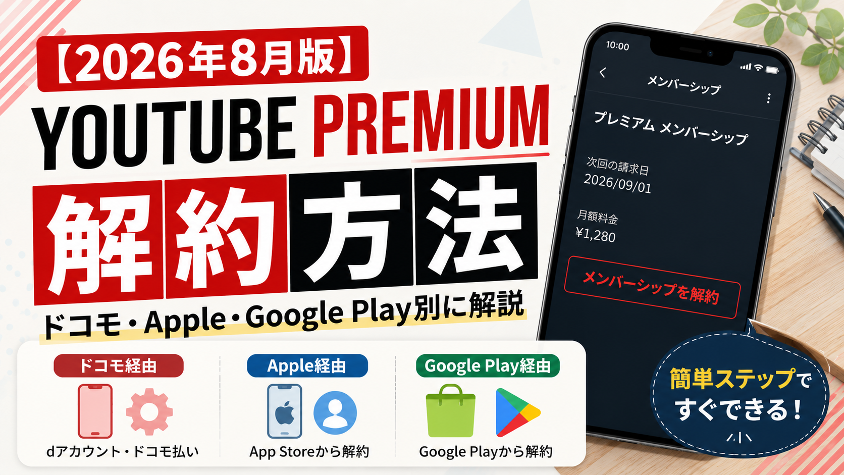 【2026年8月版】YouTube Premiumの解約方法｜ドコモ・Apple・Google Play別に解説