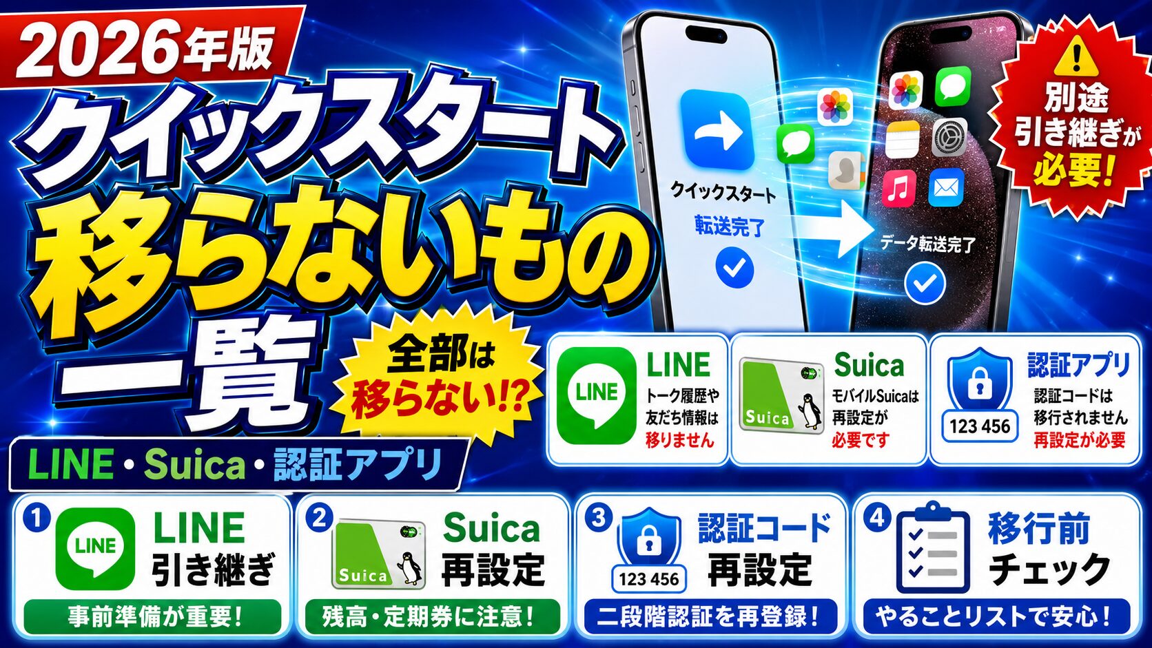 【2026年版】クイックスタートで移らないもの一覧|LINE・Suica・認証アプリの注意点