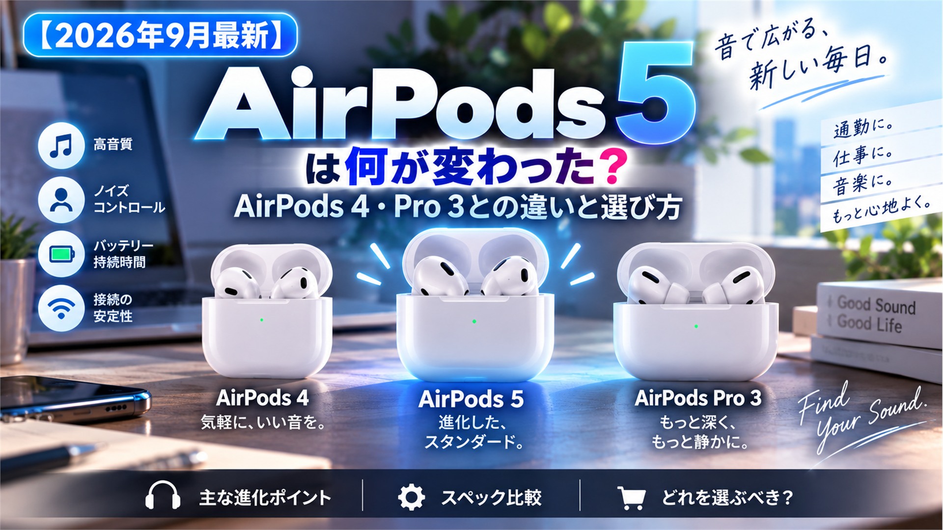 【2026年9月最新】AirPods 5は何が変わった?AirPods 4・Pro 3との違いと選び方