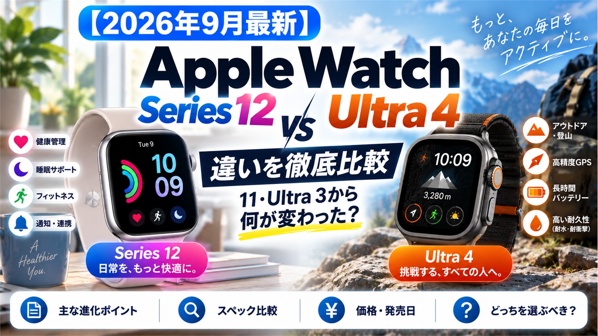 【2026年9月最新】Apple Watch Series 12・Ultra 4の違い|11・Ultra 3から何が変わった?