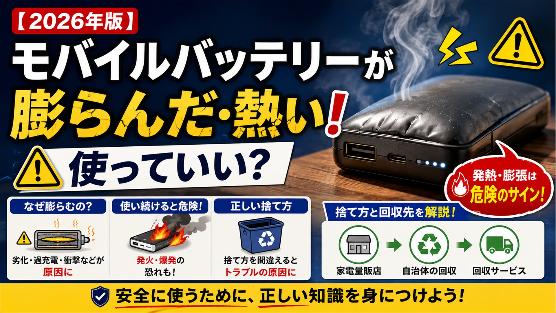 【2026年版】モバイルバッテリーが膨らんだ・熱い！使っていい？捨て方と回収先