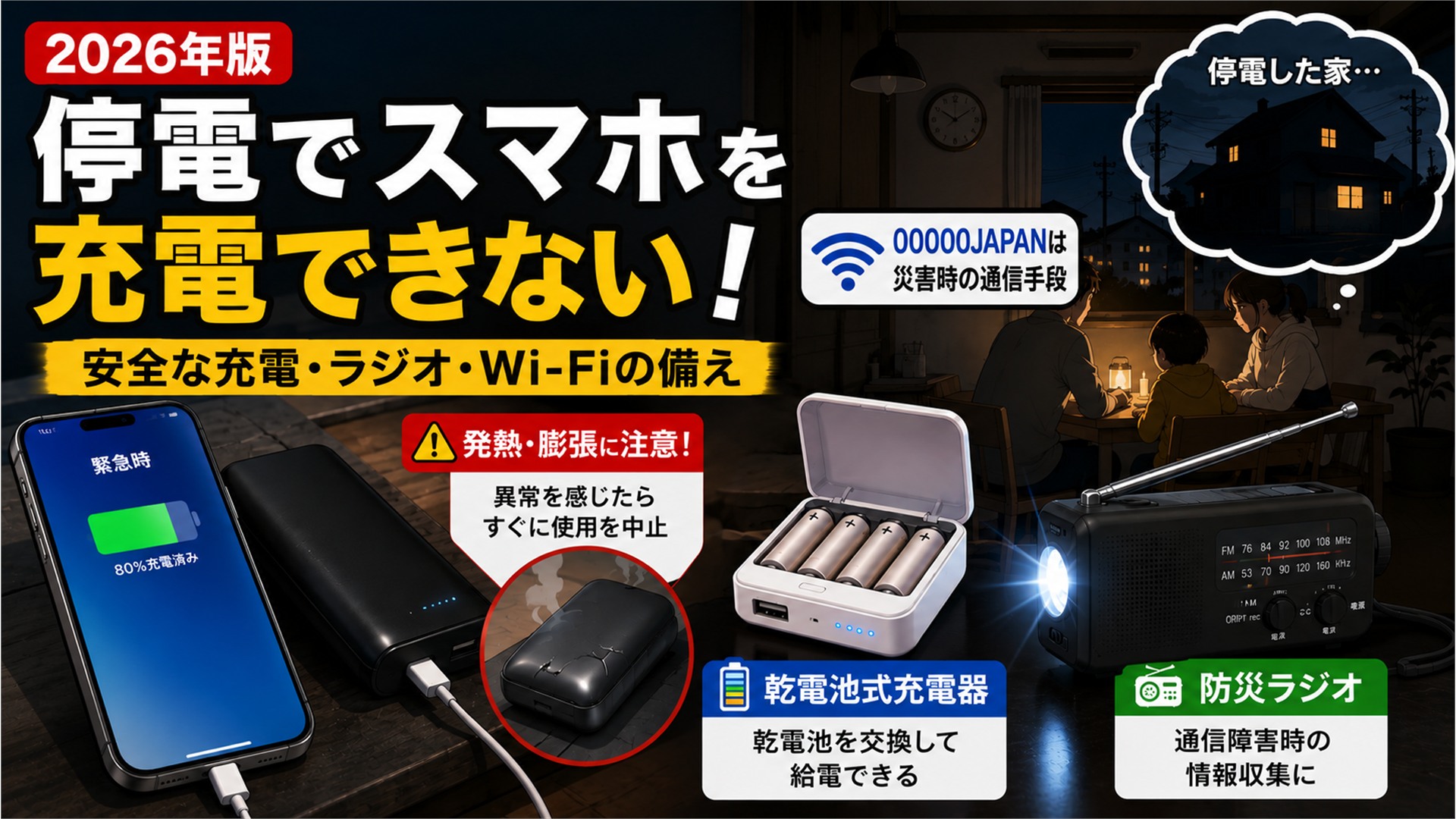 【2026年版】停電でスマホを充電できない！安全なモバイルバッテリー・ラジオ・Wi-Fi対策